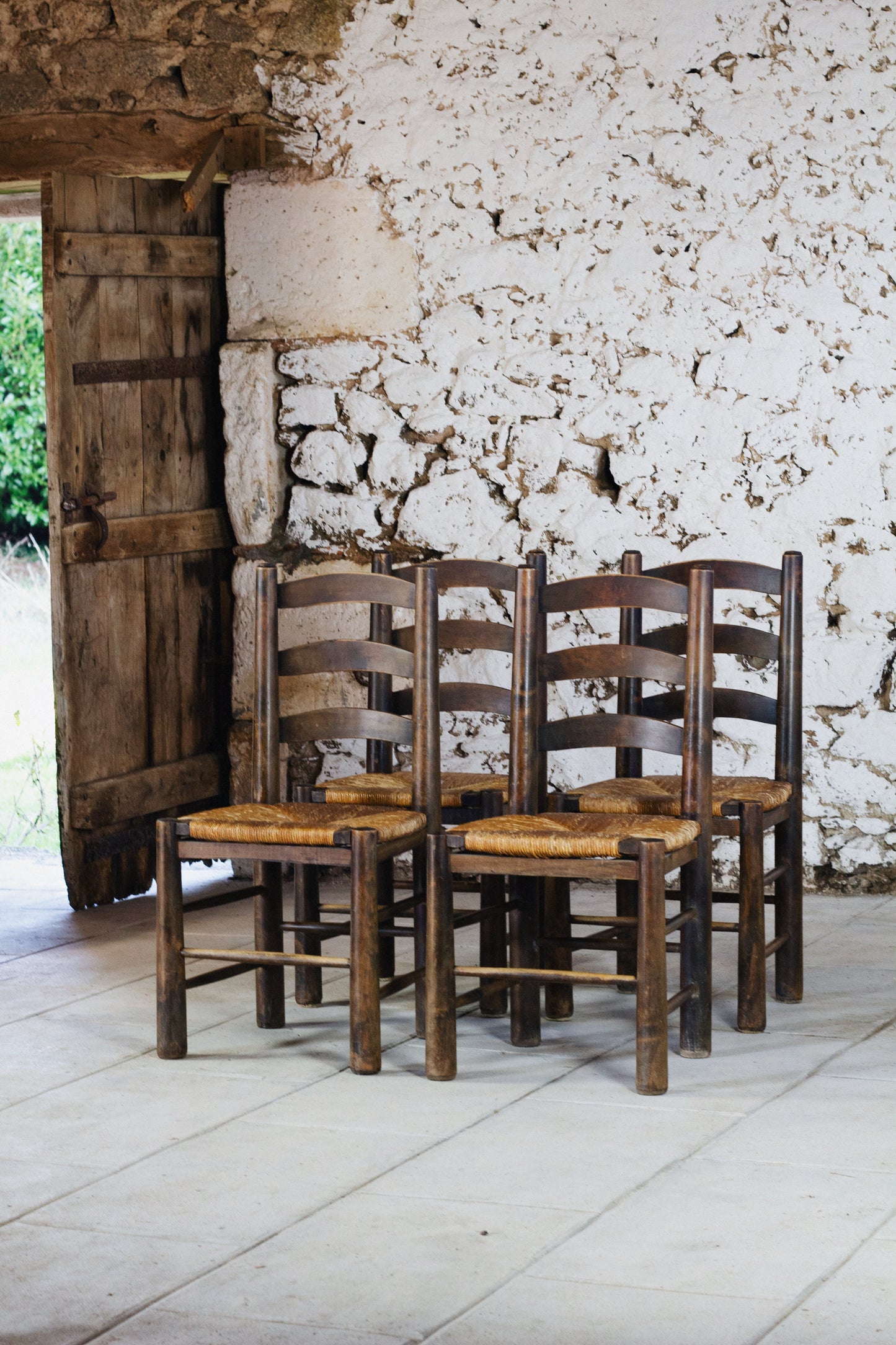 4 chaises brutalistes paille Georges Robert, 1950