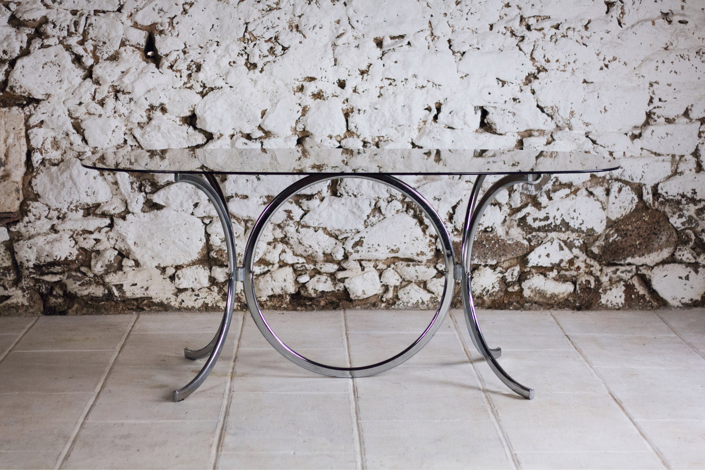 Table à manger chrome et verre fumé style Gastone Rinaldi, 1970