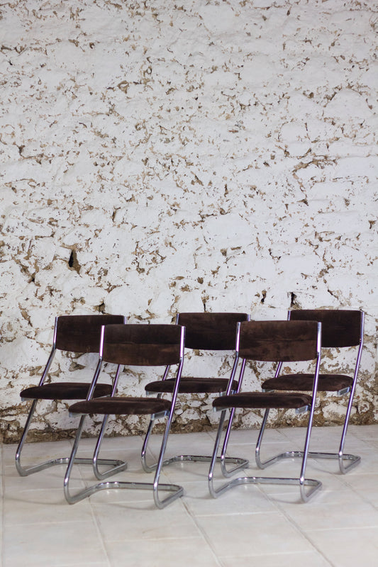 5 chaises tubulaires en daim et chrome Roche Bobois, 1970