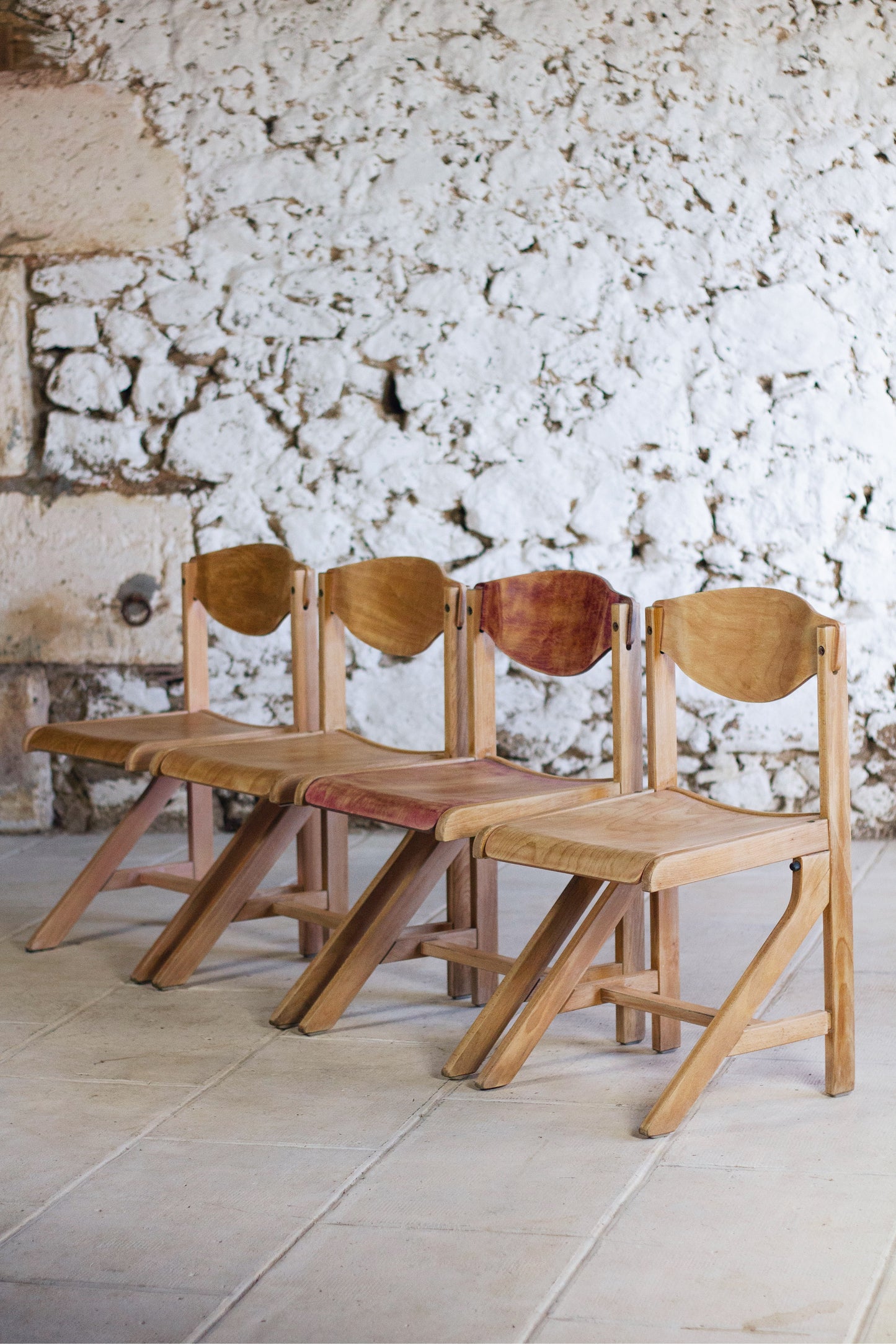4 chaises de cantine vintage en hêtre, 1980