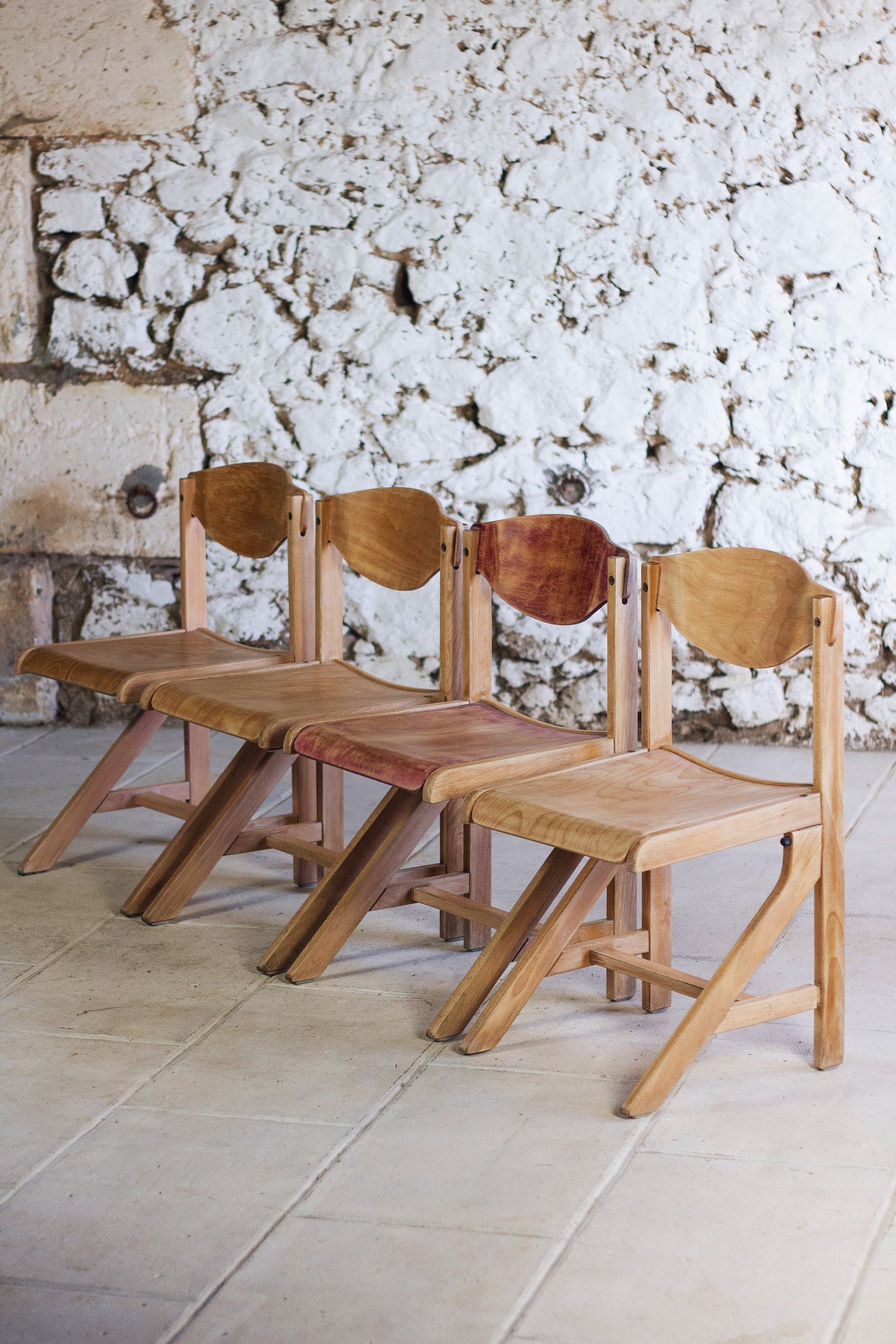 4 chaises de cantine vintage en hêtre, 1980