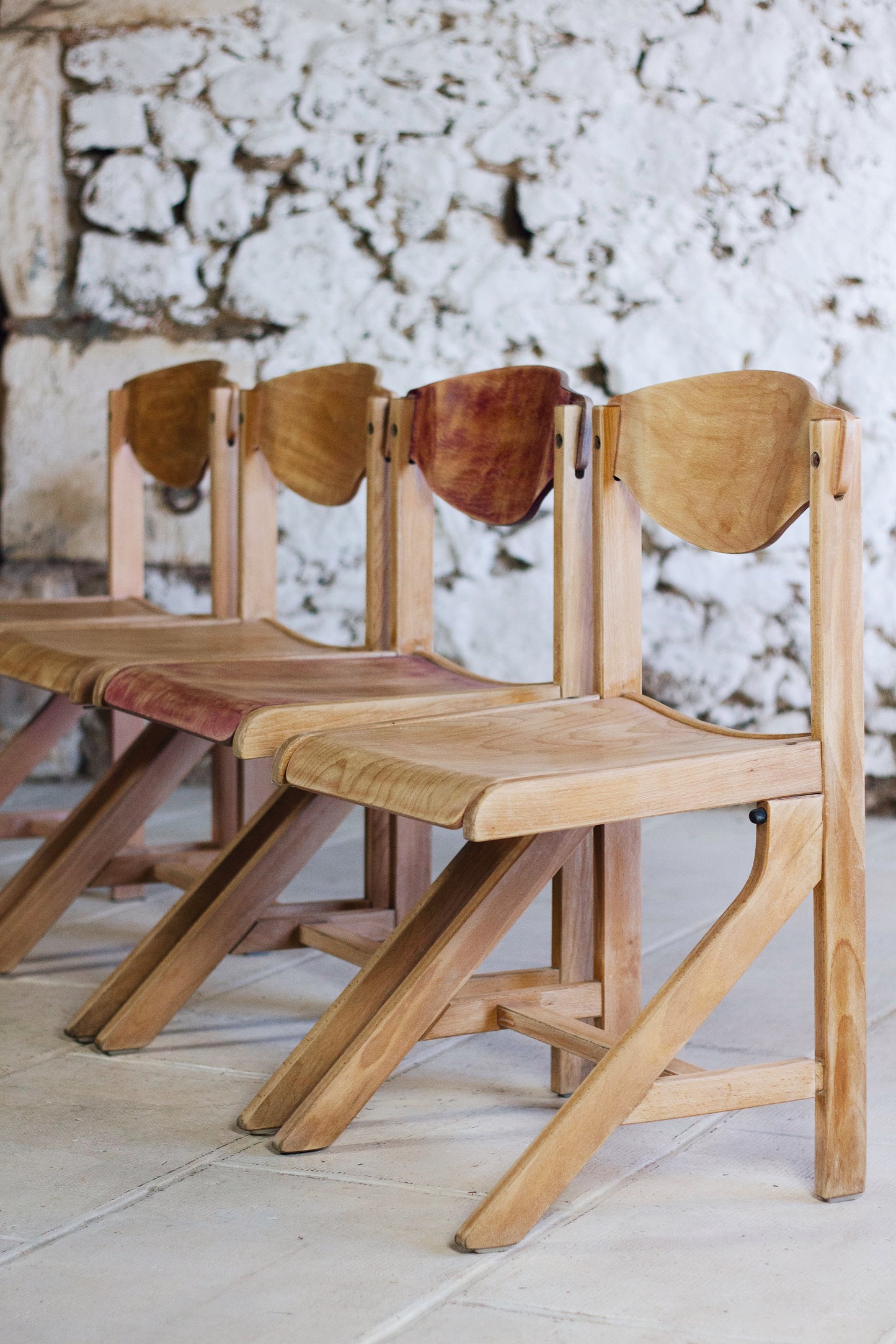 4 chaises de cantine vintage en hêtre, 1980