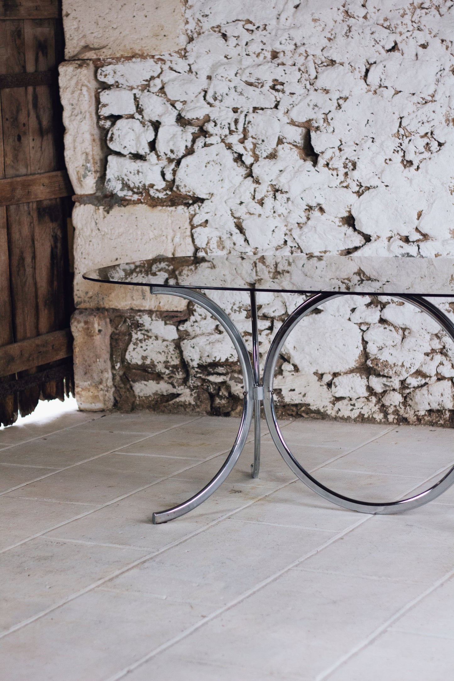 Table à manger chrome et verre fumé style Gastone Rinaldi, 1970