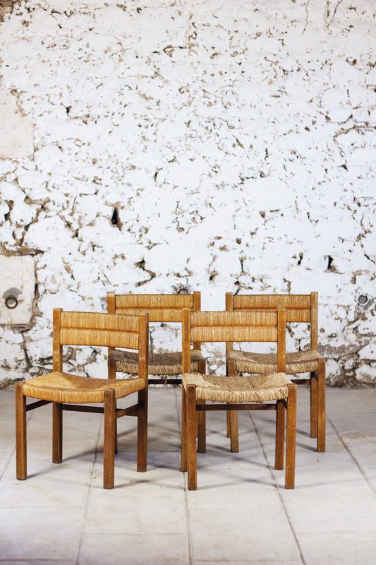 4 chaises en paille "Week-end" par Pierre Gauthier Delaye, 1950