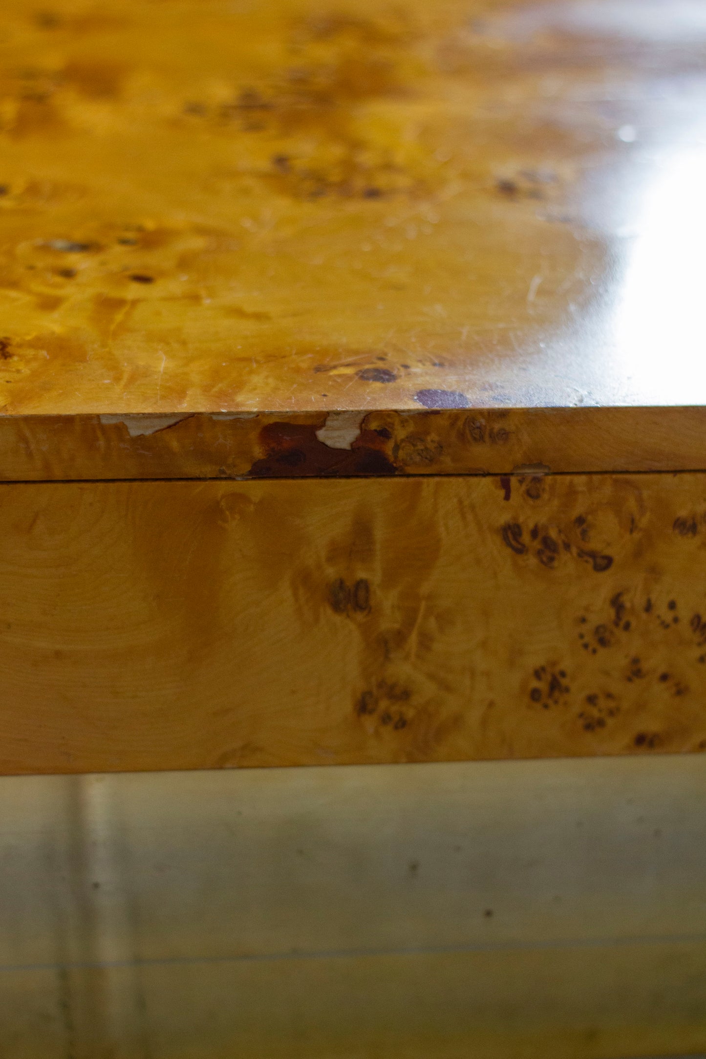 Table basse en loupe d'orme et laiton, 1970