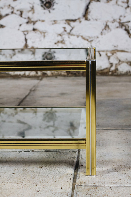 Table basse en verre et métal doré style Pierre Vandel, 1970